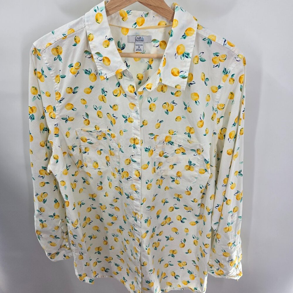Croft and Barrow White Lemon Button Down Roll Tab Long Sleeved Shirt Size 1x